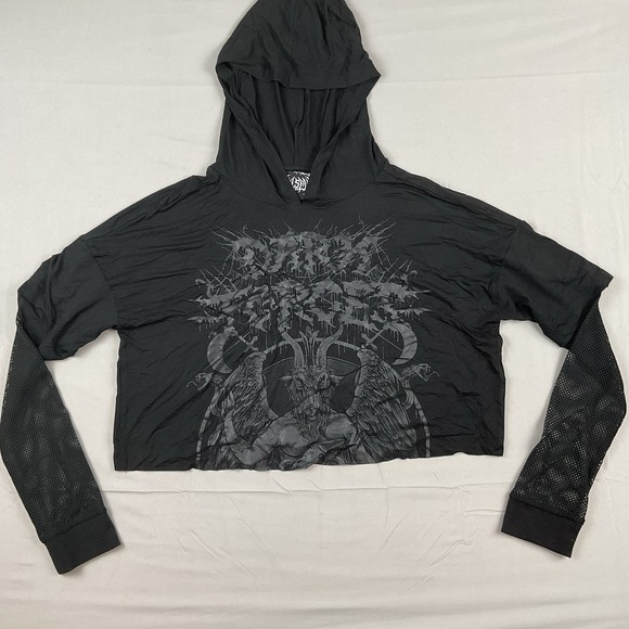 Killstar Tops - Killstar Baphomet Mesh Sleeve Cropped Hooded Top Medium Goth Occult Black Grunge